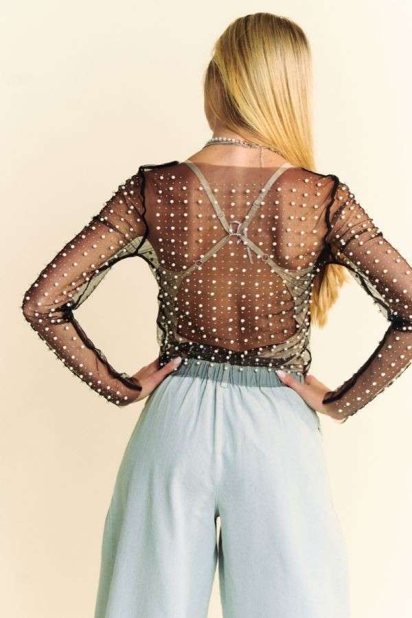 beads and pearls embellished mesh sleeve top in black-back