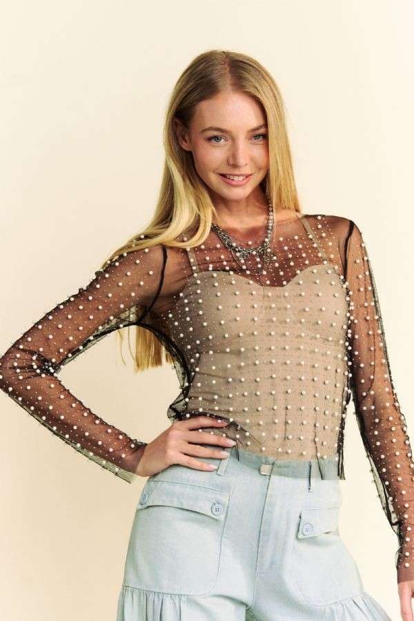 beads and pearls embellished mesh sleeve top in black-front