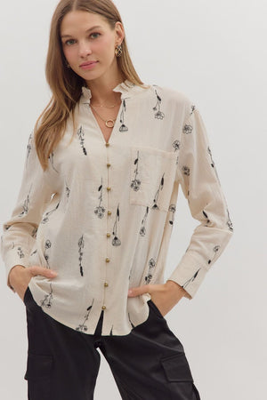 Botanical Embroidered Ruffle Collar Top