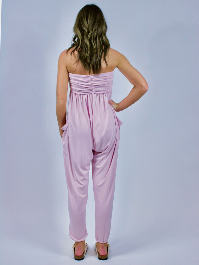 baby pink strapless ruched jogger jumpsuit with pockets