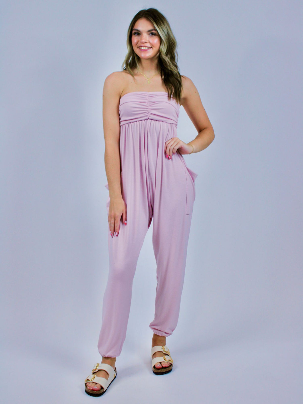 baby pink strapless ruched jogger jumpsuit with pockets