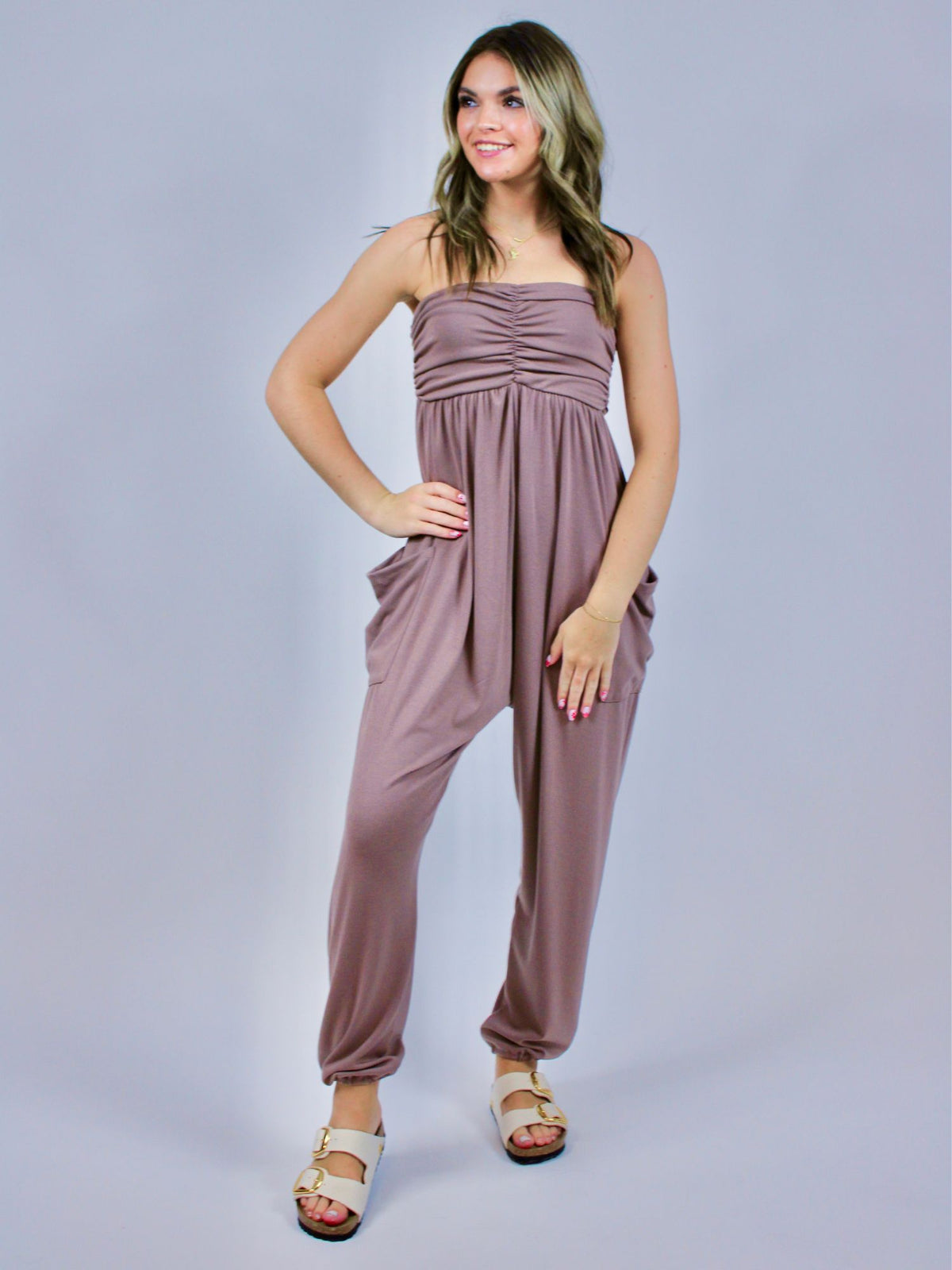 deep taupe strapless ruched jogger jumpsuit with pockets