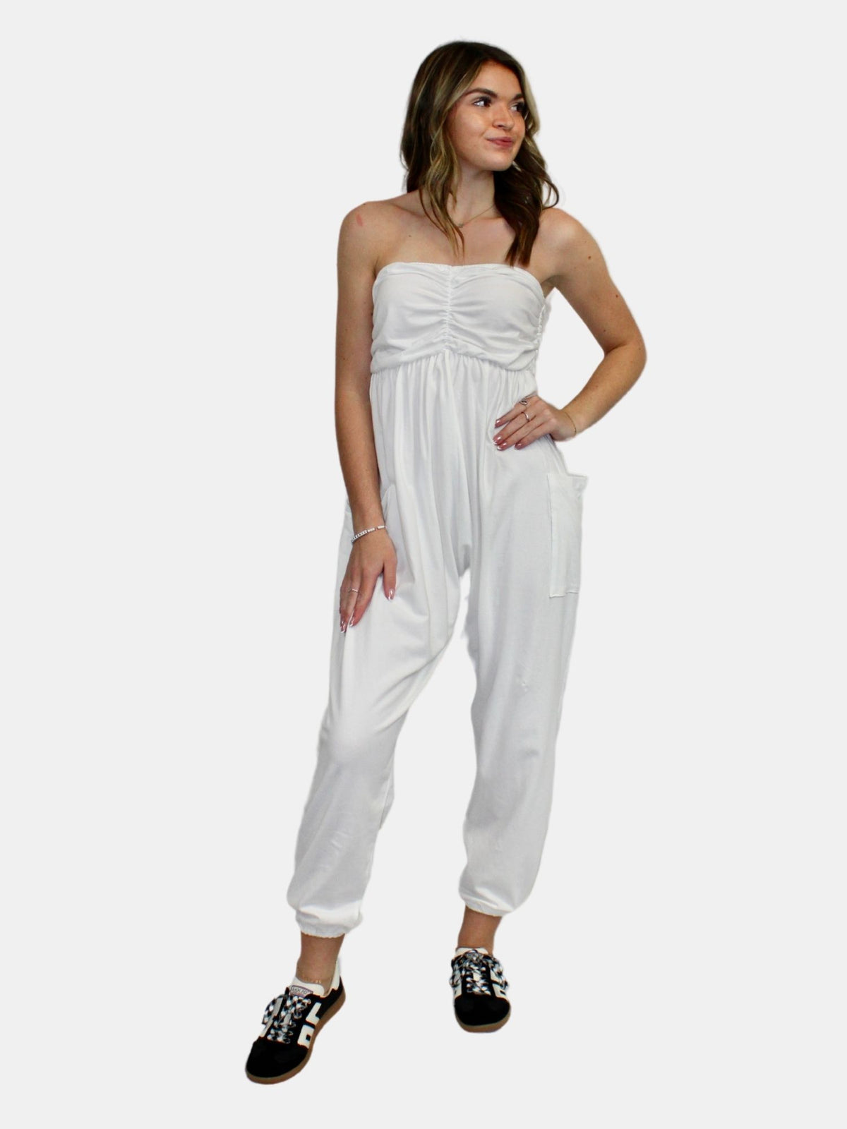 ivory strapless ruched jogger jumpsuit with pockets