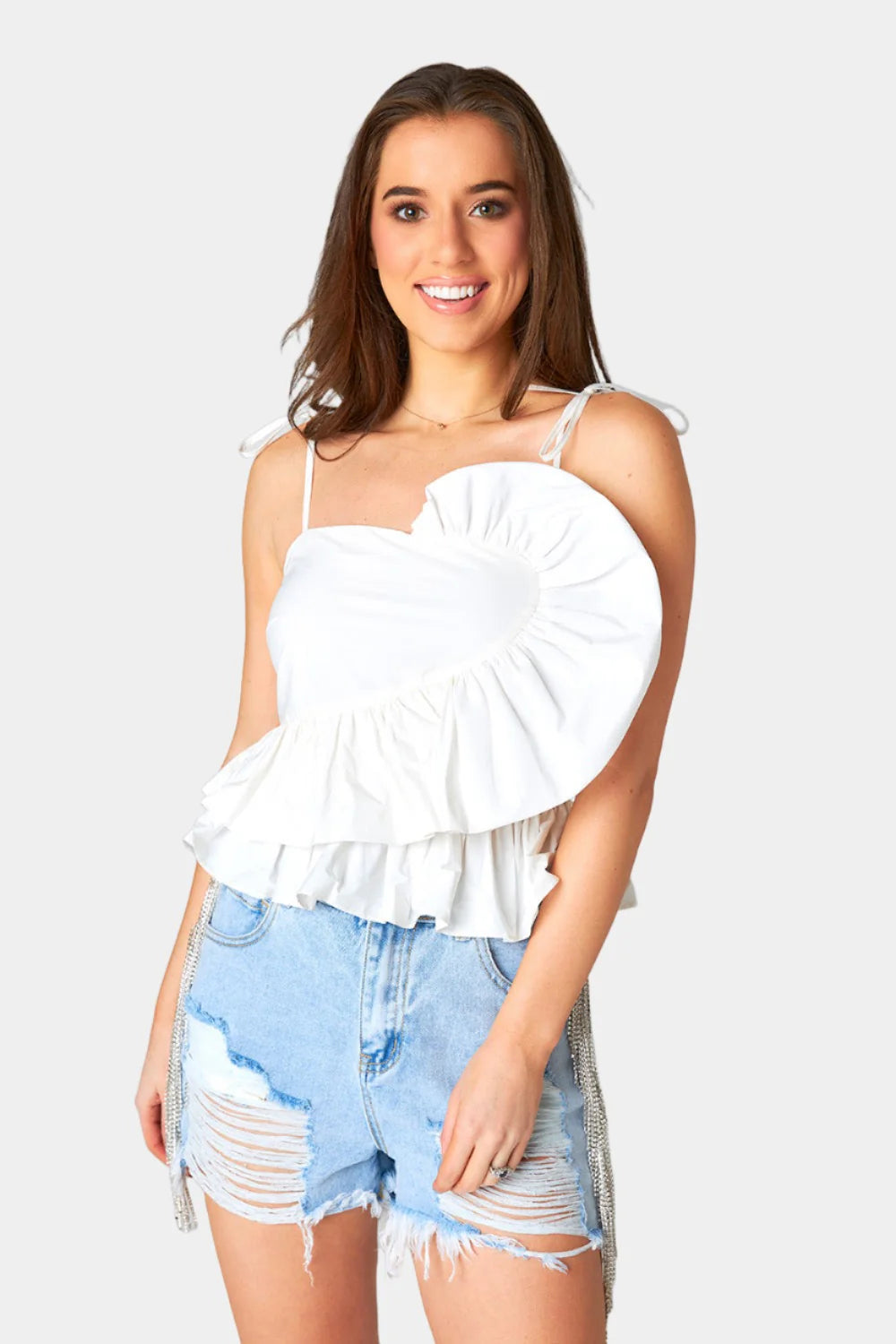 buddylove beck ruffle tank top in white-front