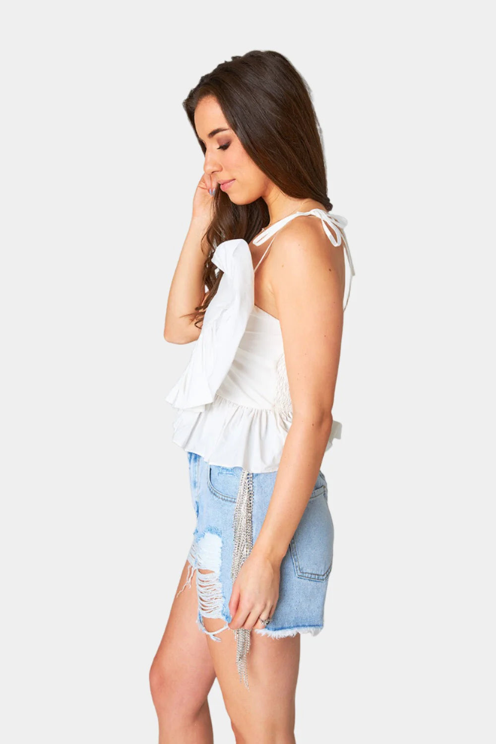 buddylove beck ruffle tank top in white-side