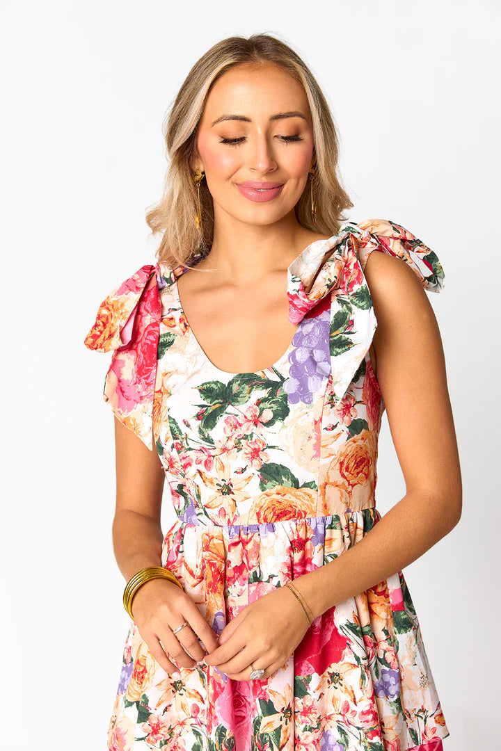 buddylove drew tiered midi dress in love story print-front detail view