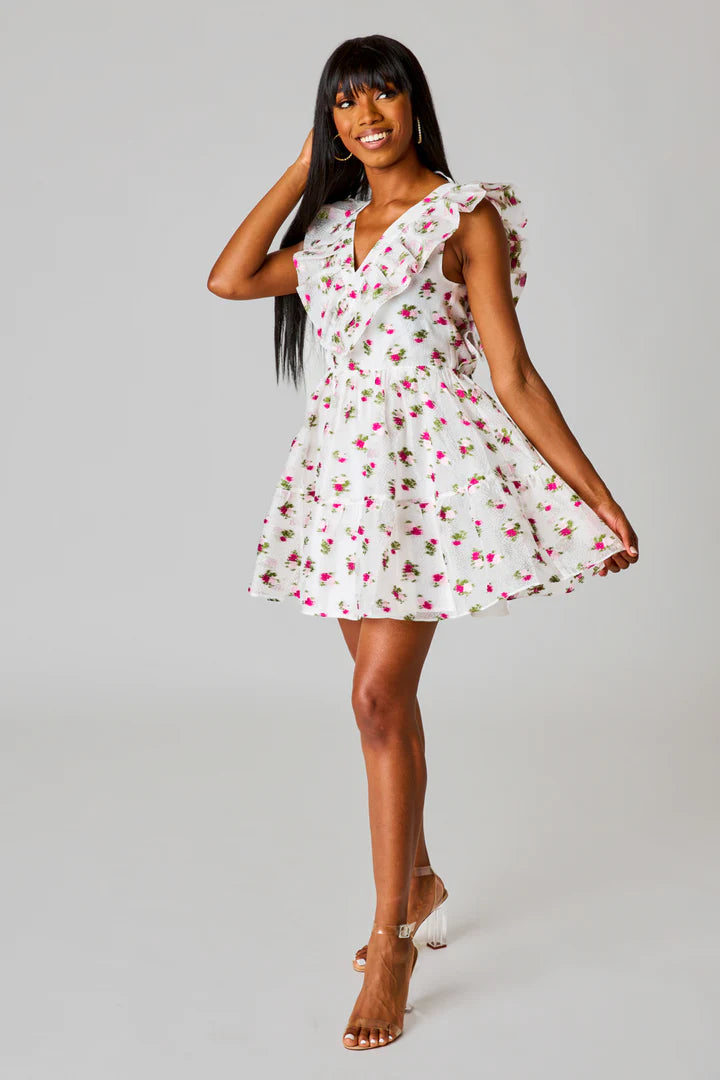 BuddyLove Maddison Ruffle Sleeve Short Dress in calla lily-front view