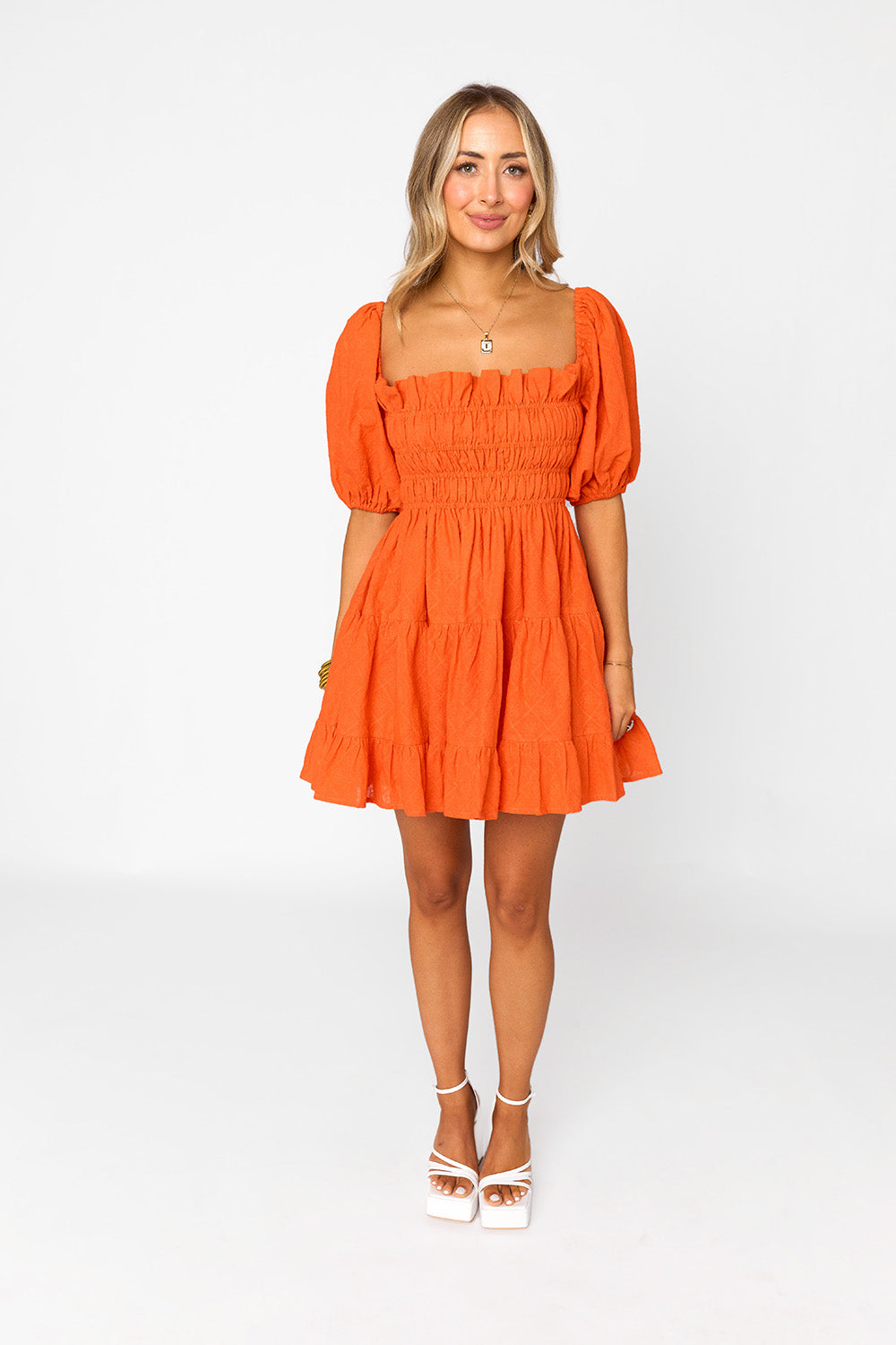 buddylove spencer puff sleeve mini dress in tangelo-front