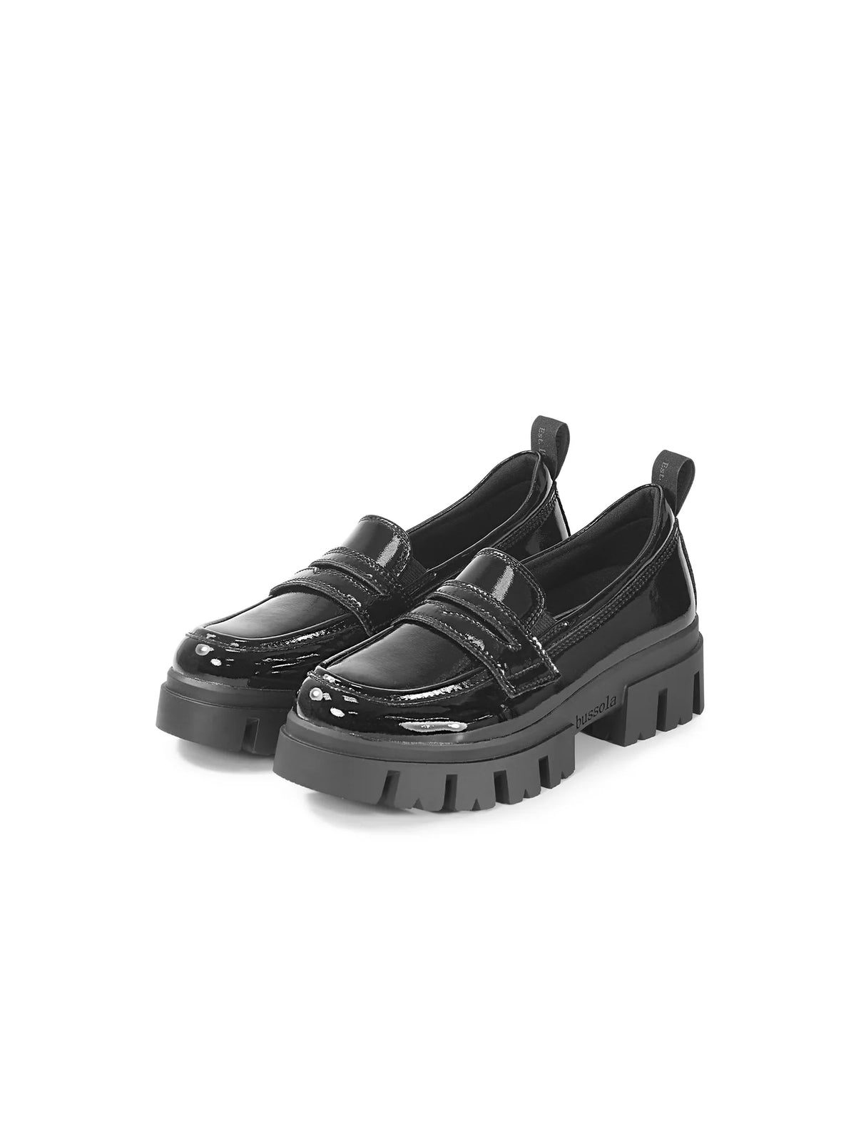 Bussola Caelyn Chunky Penny Loafer Nero Patent Corvara Track Sole Loafers