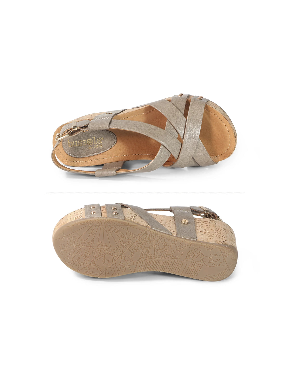 bussola fern cross strap wedge sandals in taupe