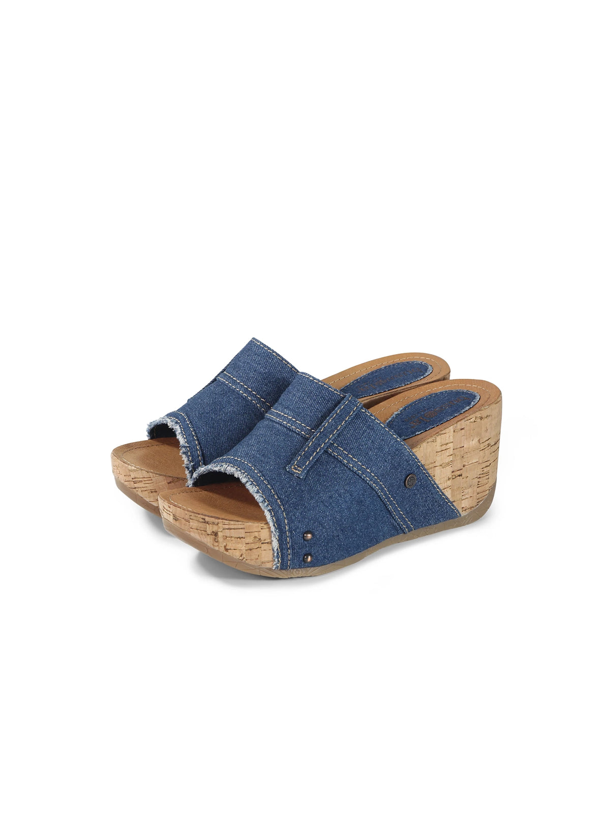 bussola formentera felicia platform wedge slide sandals in blue denim