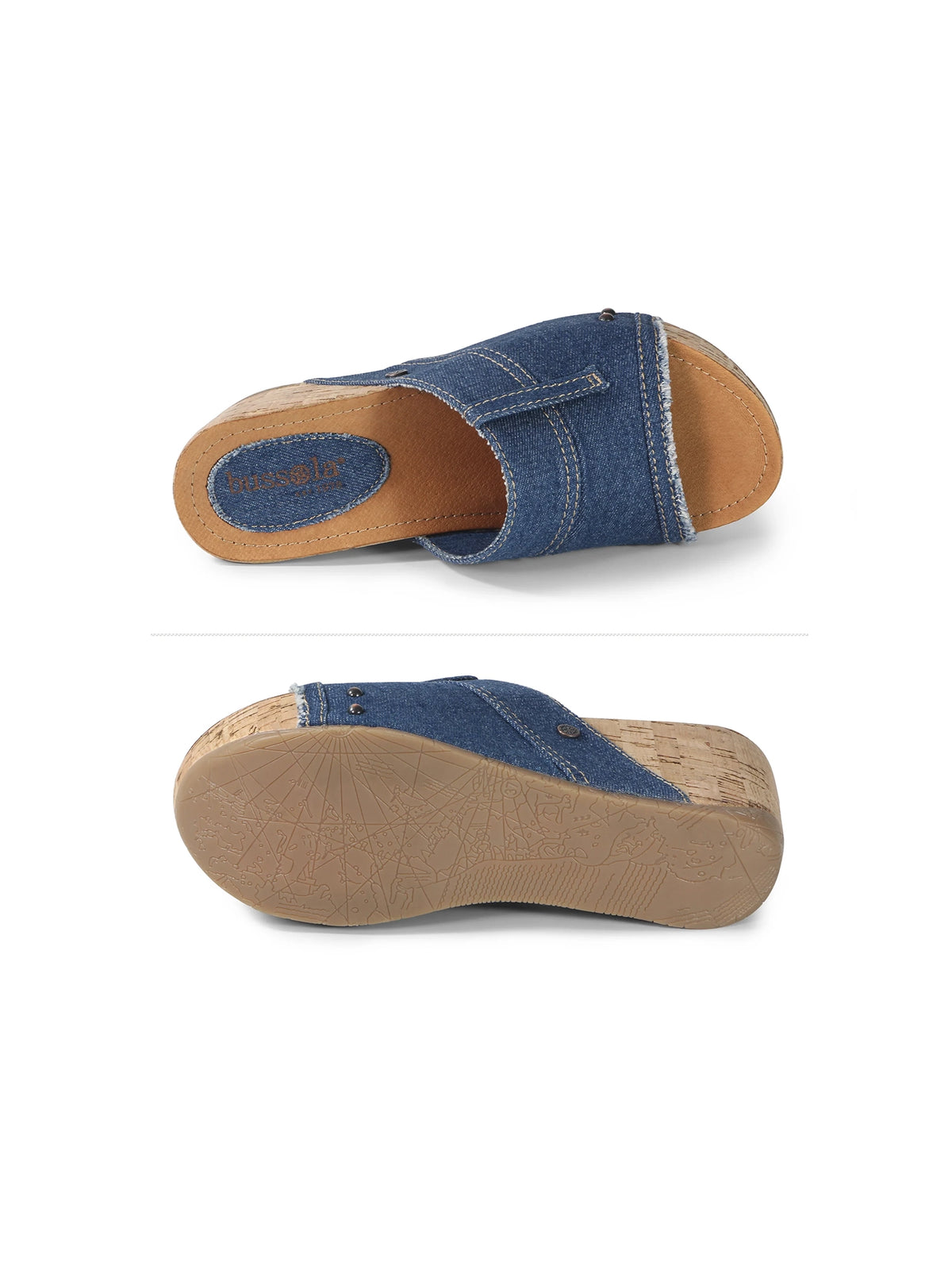 bussola formentera felicia platform wedge slide sandals in blue denim