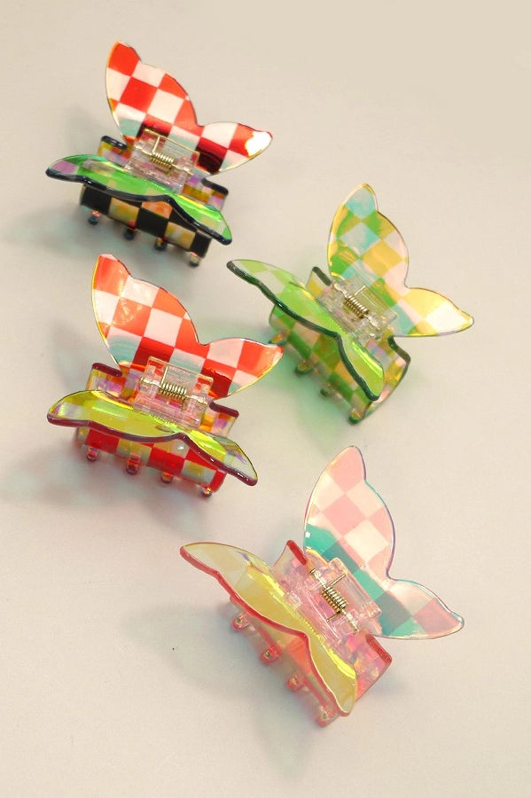 checker pattern butterfly holographic hair claw clips