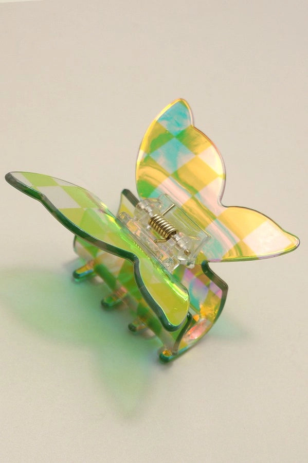 checker pattern butterfly holographic hair claw clip lime