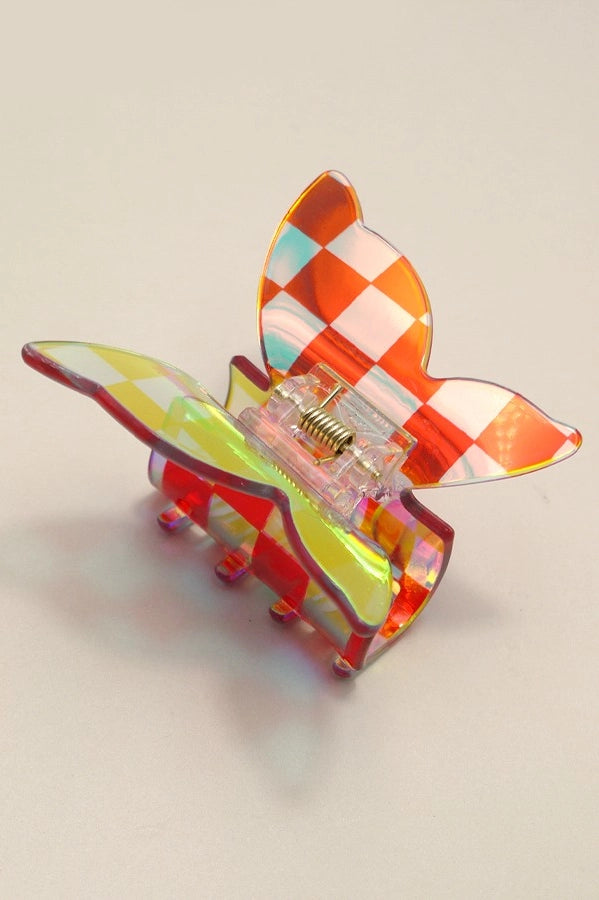 checker pattern butterfly holographic hair claw clip orange