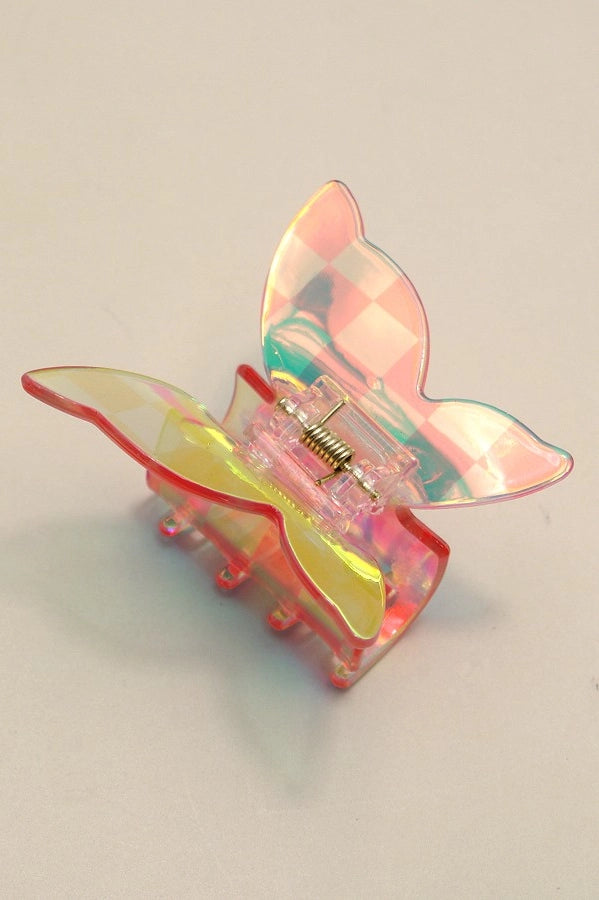 checker pattern butterfly holographic hair claw clip pink