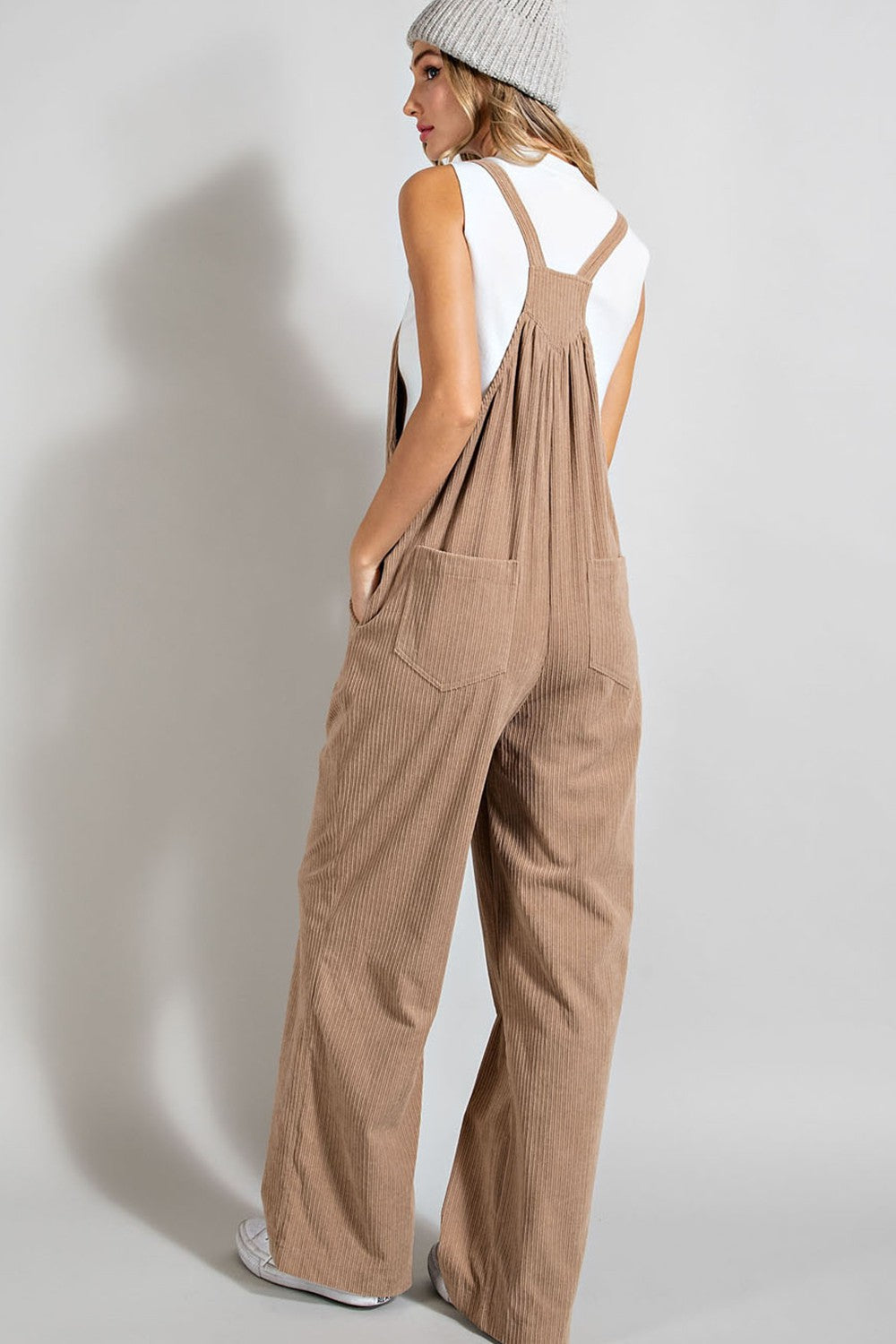 button detail corduroy overalls in latte-back
