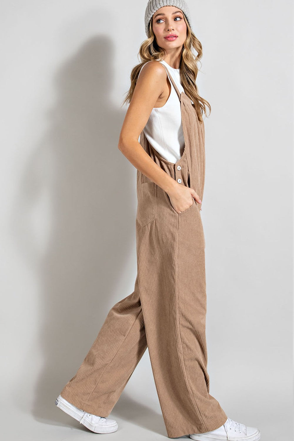 button detail corduroy overalls in latte-side
