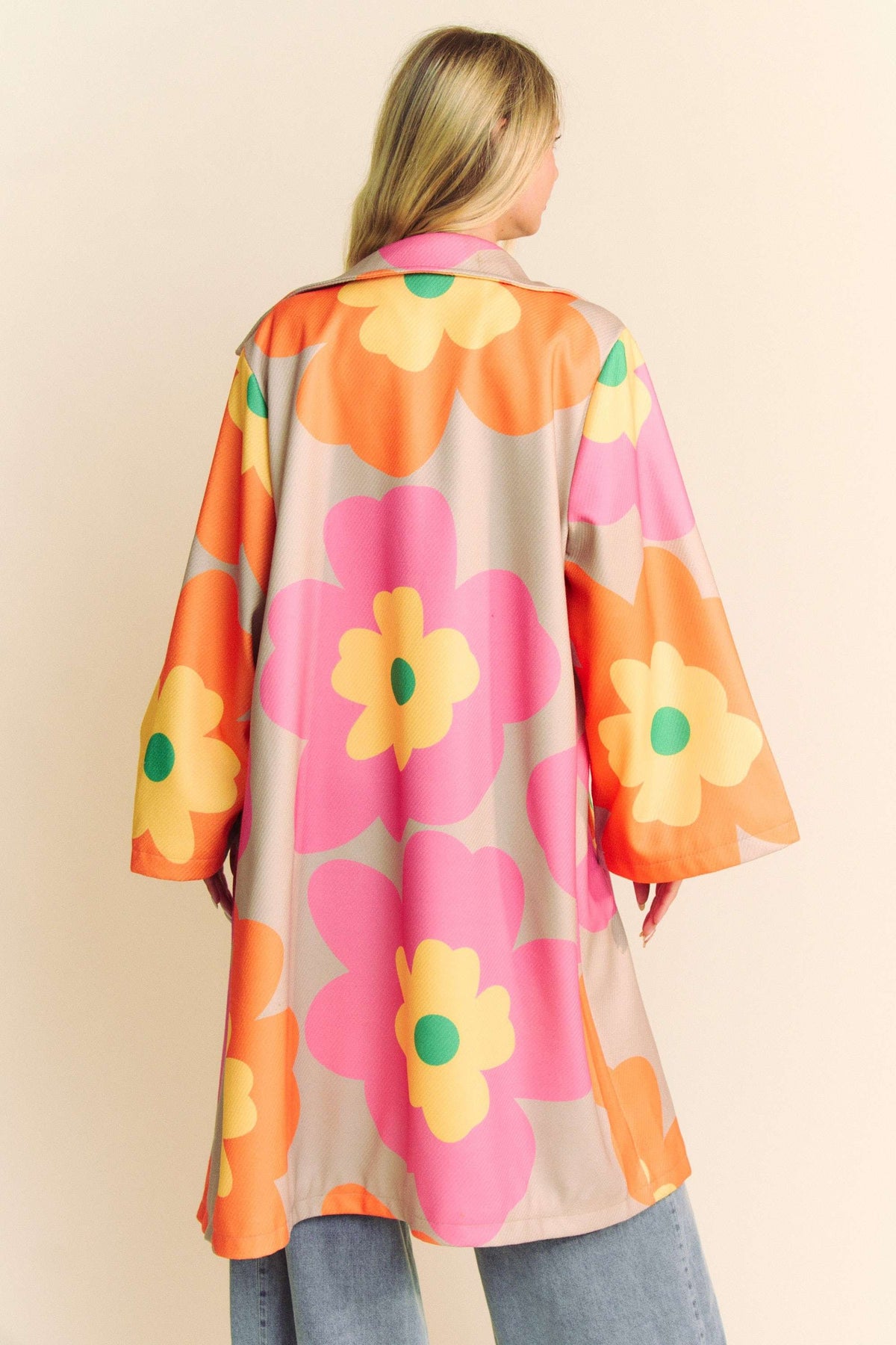 Retro Floral Bold Long Overcoat in Pink Orange