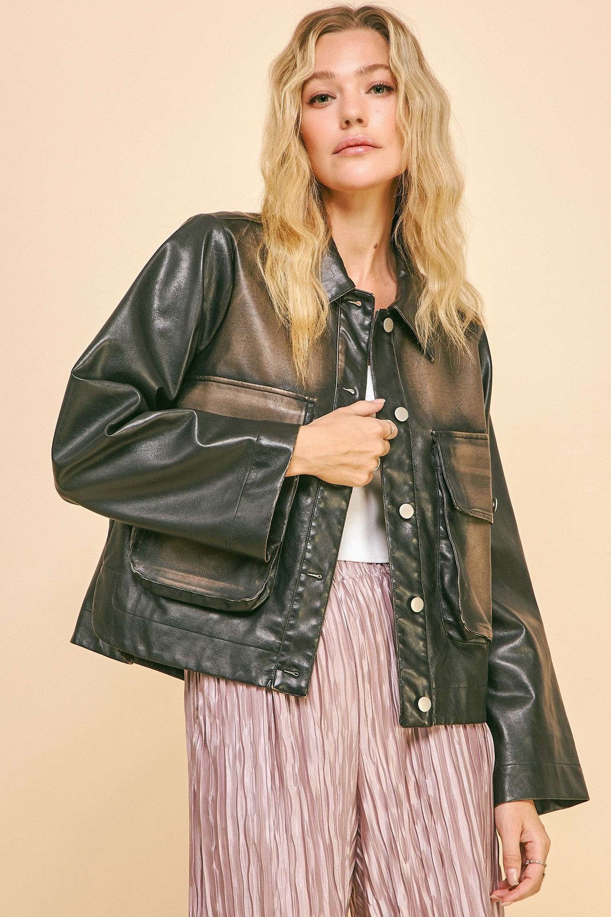 Washed Faux Leather Jacket in washed black