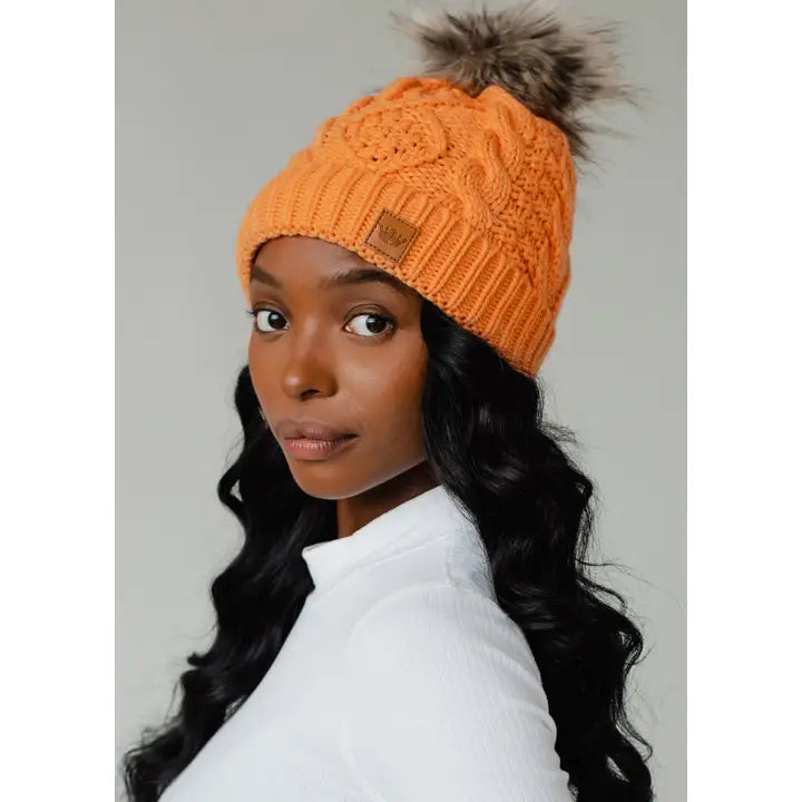 Cable Knit Pom Hat in tennessee orange-front