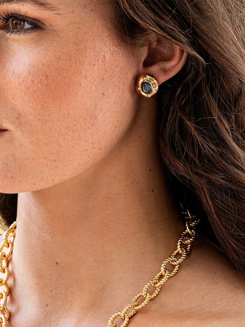 capucine de wulf cleopatra oval earrings in gold blue labradorite-model view