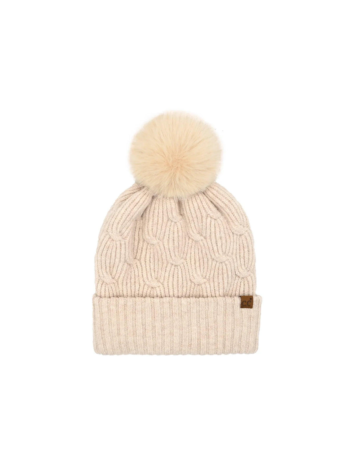 Chain Link Knitted Pom Beanie Beige