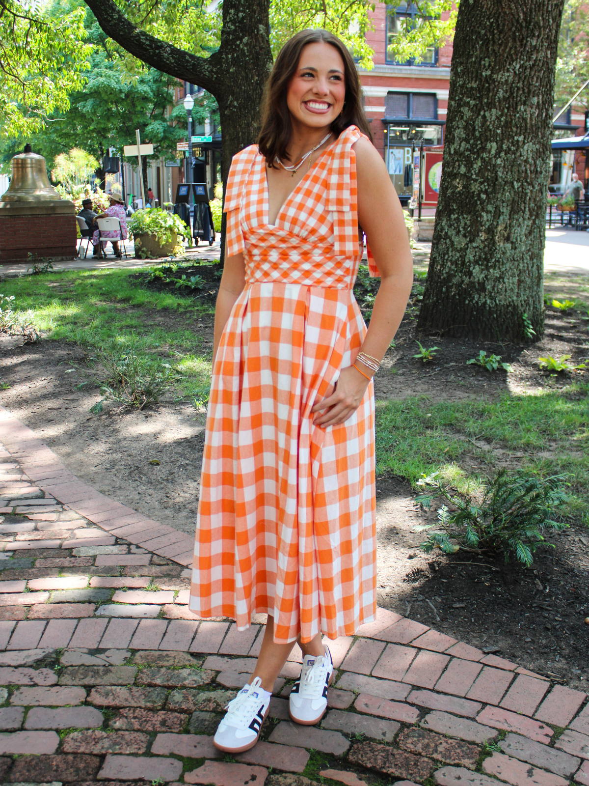 Orange & White Gingham Tie Strap Maxi Dress