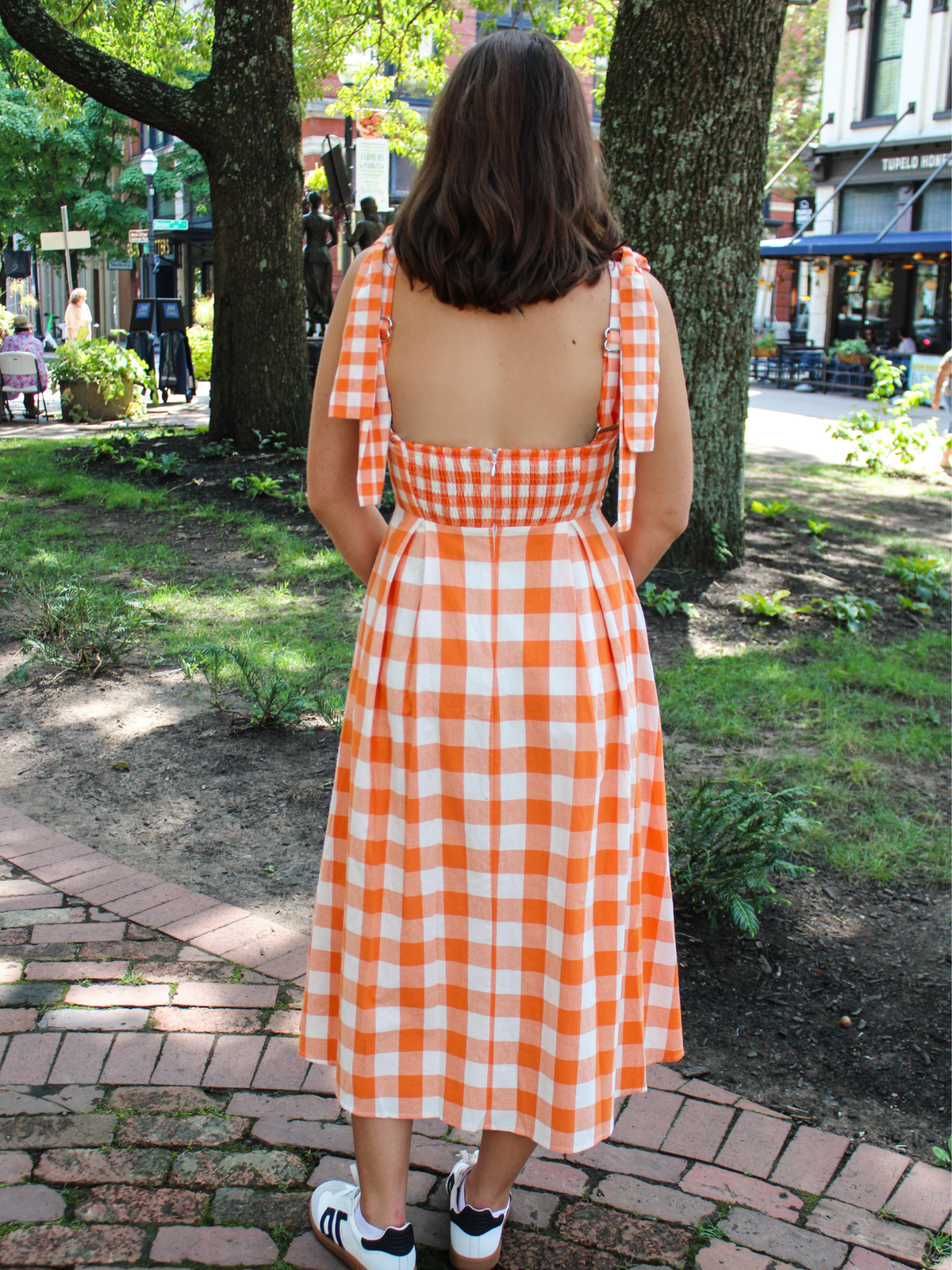 Orange & White Gingham Tie Strap Maxi Dress