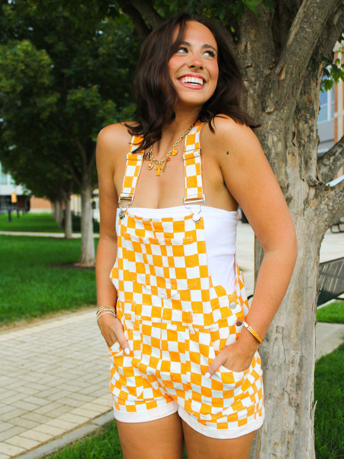 Checkerboard Shortalls orange white