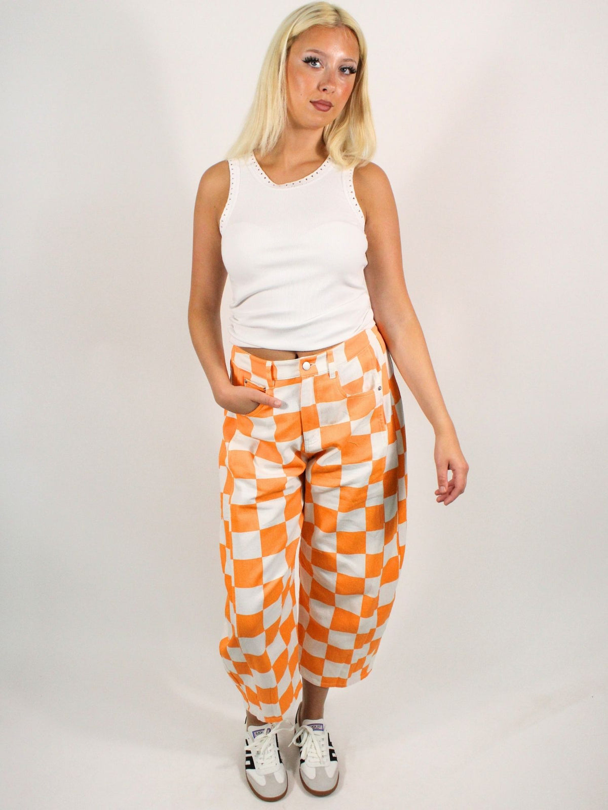 Checkerboard Victory Barrel Jeans White Orange