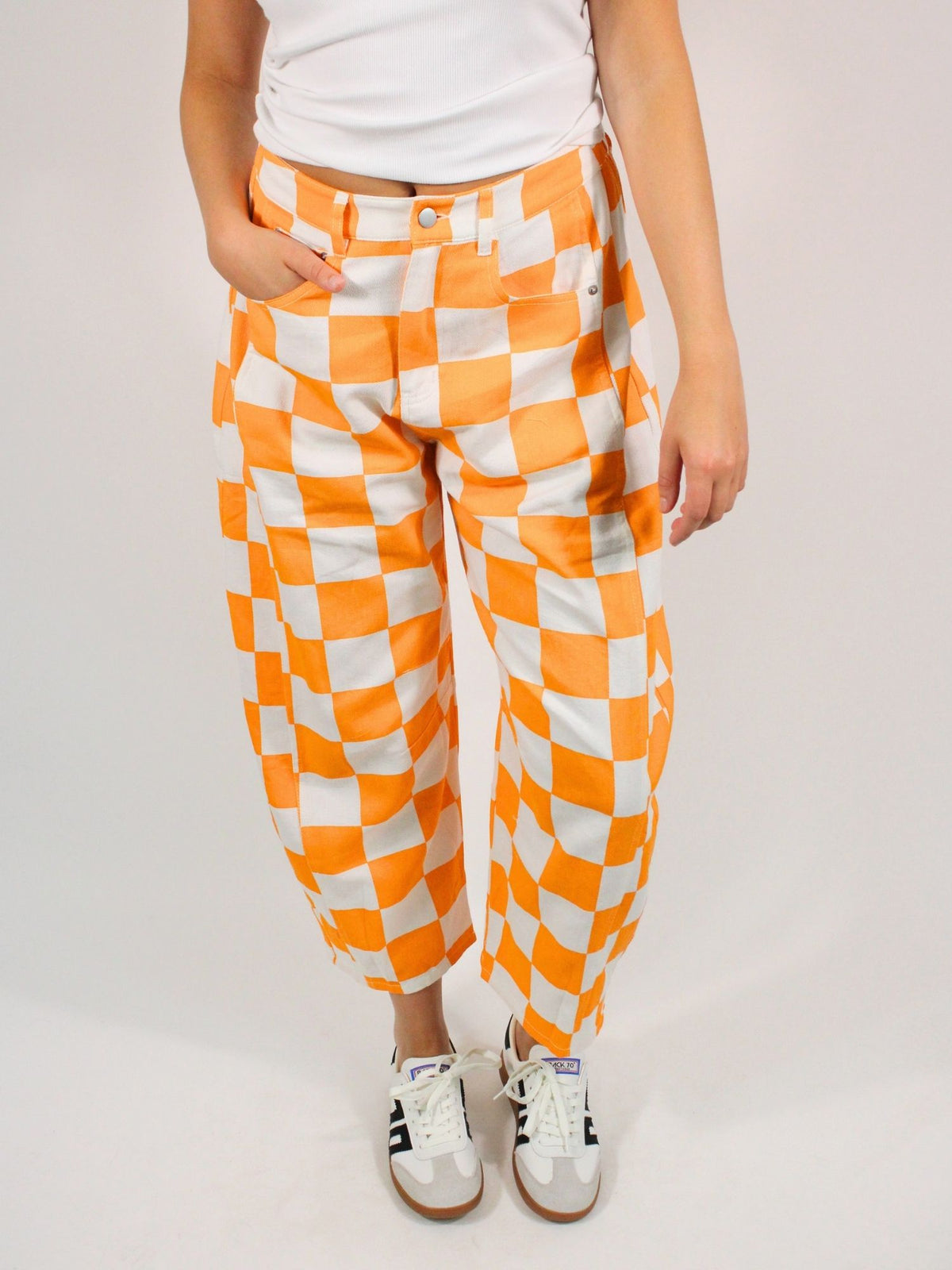 Checkerboard Victory Barrel Jeans White Orange