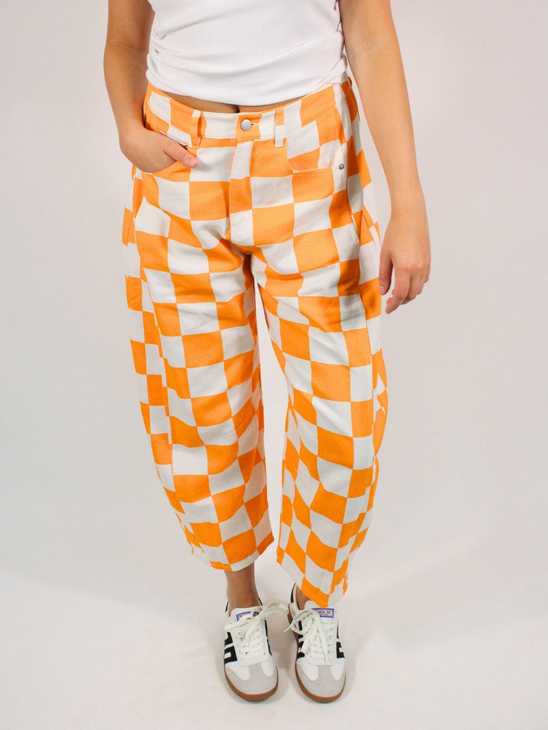 Checkerboard Victory Barrel Jeans White Orange