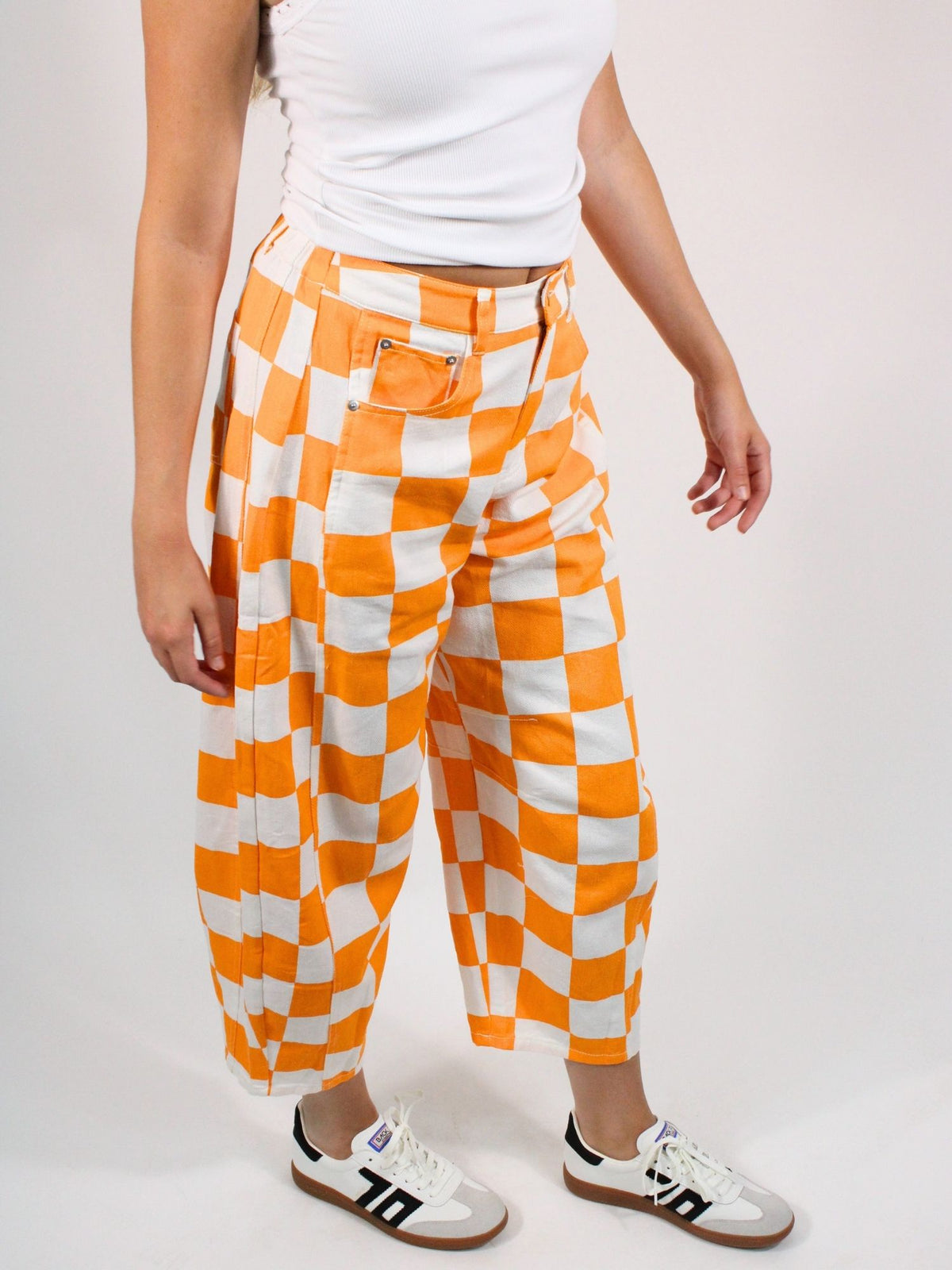 Checkerboard Victory Barrel Jeans White Orange