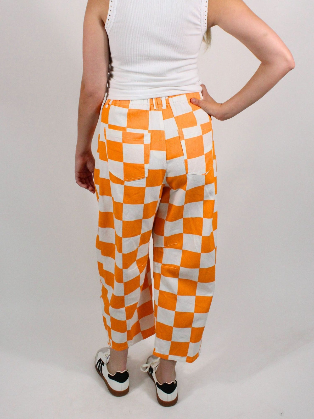 Checkerboard Victory Barrel Jeans White Orange