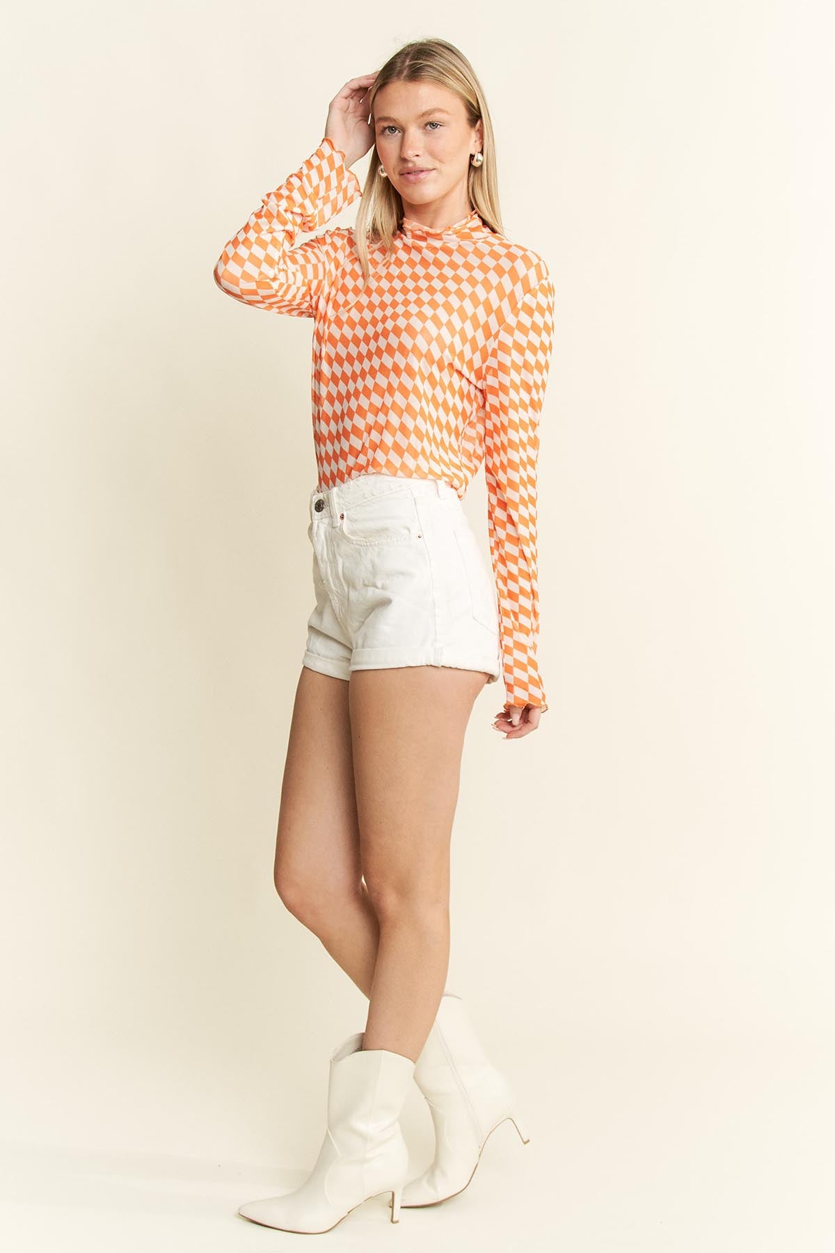Orange & White Checkered Mesh Mock Neck Top Tennessee Volunteers Game Day