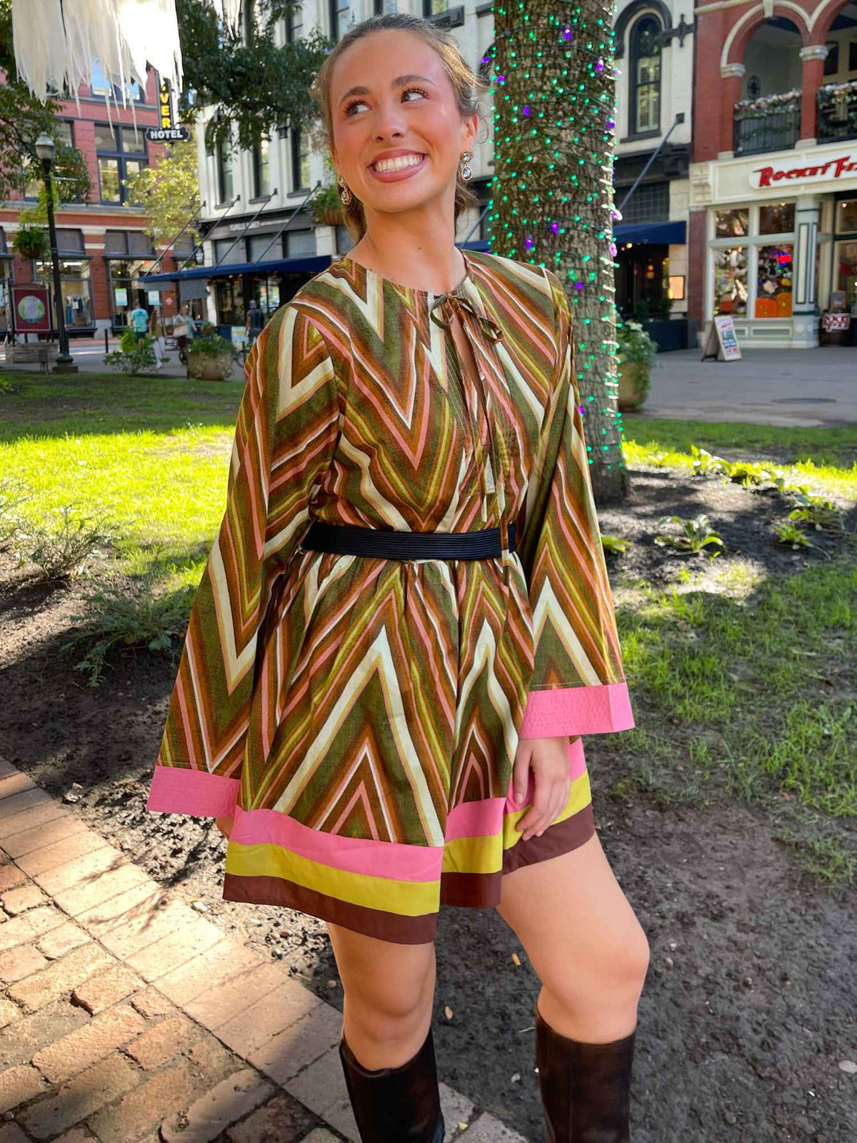 Countryside Chevron Color Block Belted Mini Dress