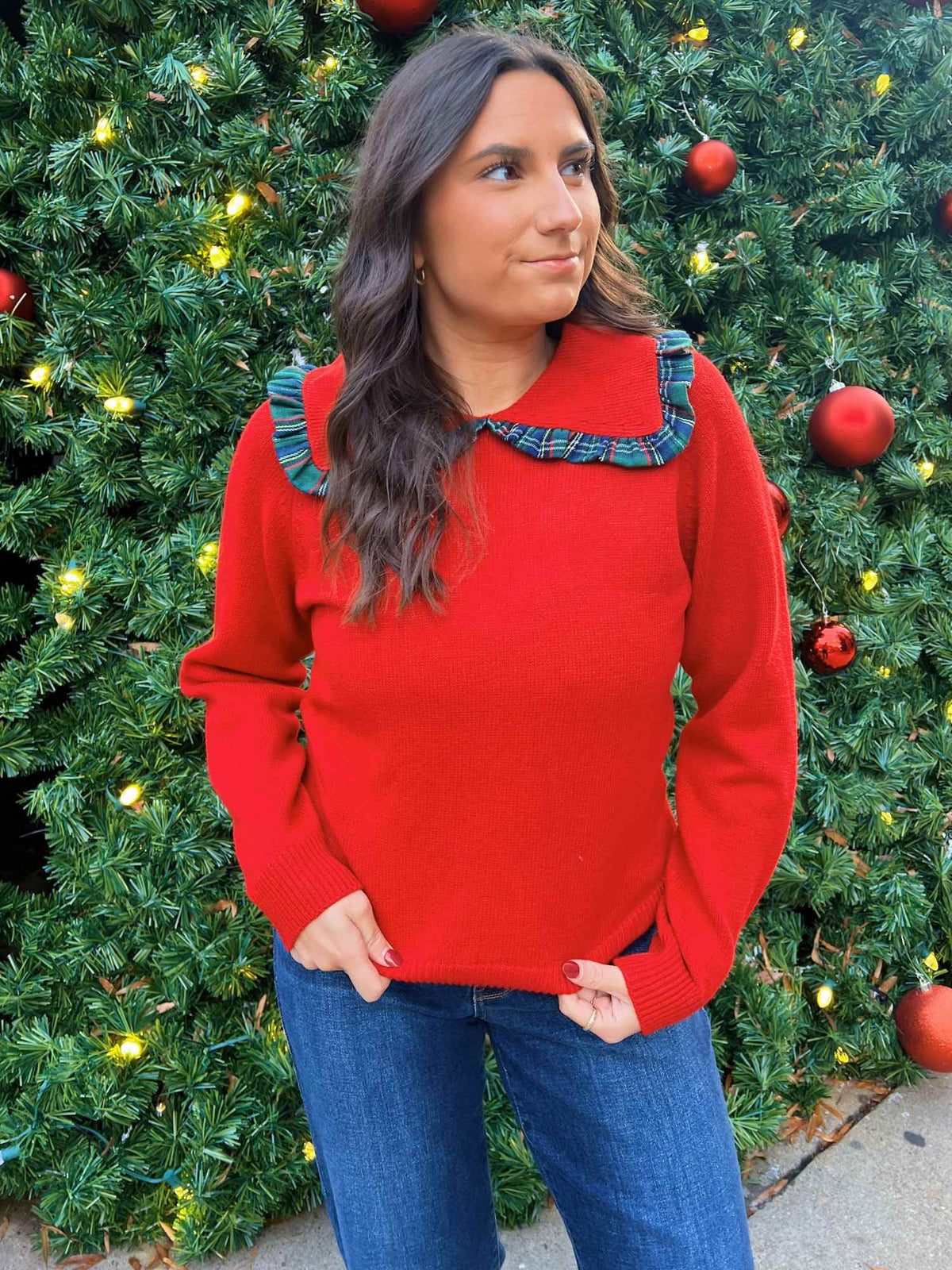 Holiday Plaid Ruffle Collar Sweater