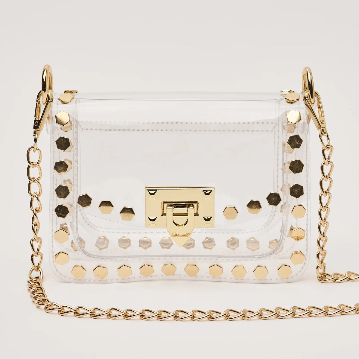 Clearly Handbags The Jackie Clear Crossbody Bag Gold Hexagon Stud Stadium Approved Bag