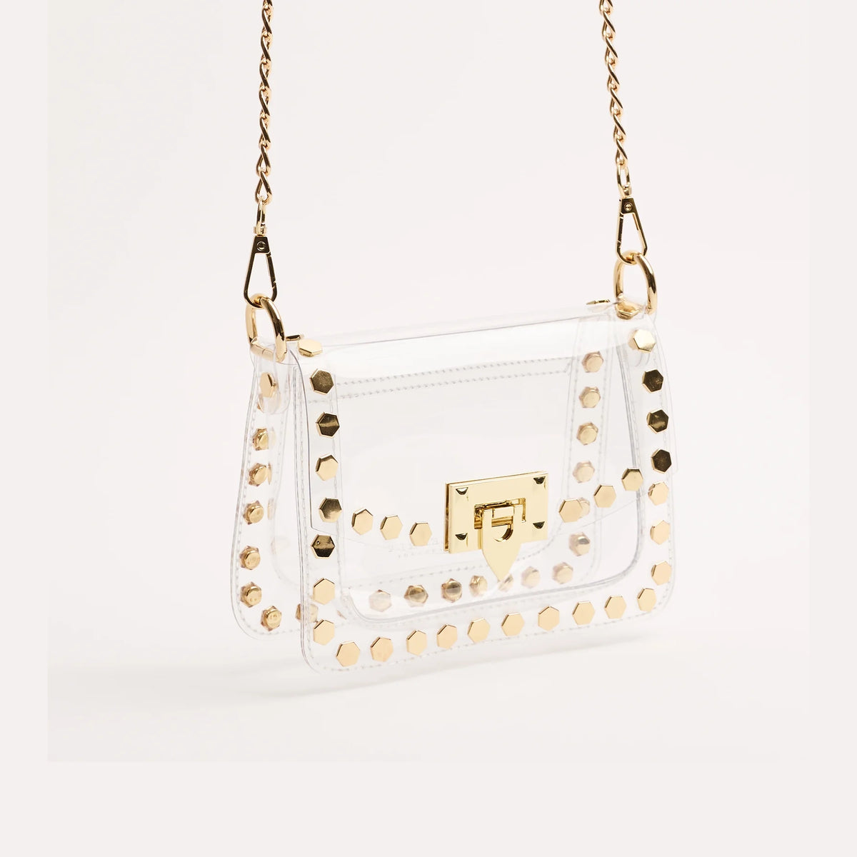 Clearly Handbags The Jackie Clear Crossbody Bag Gold Hexagon Stud Stadium Approved Bag