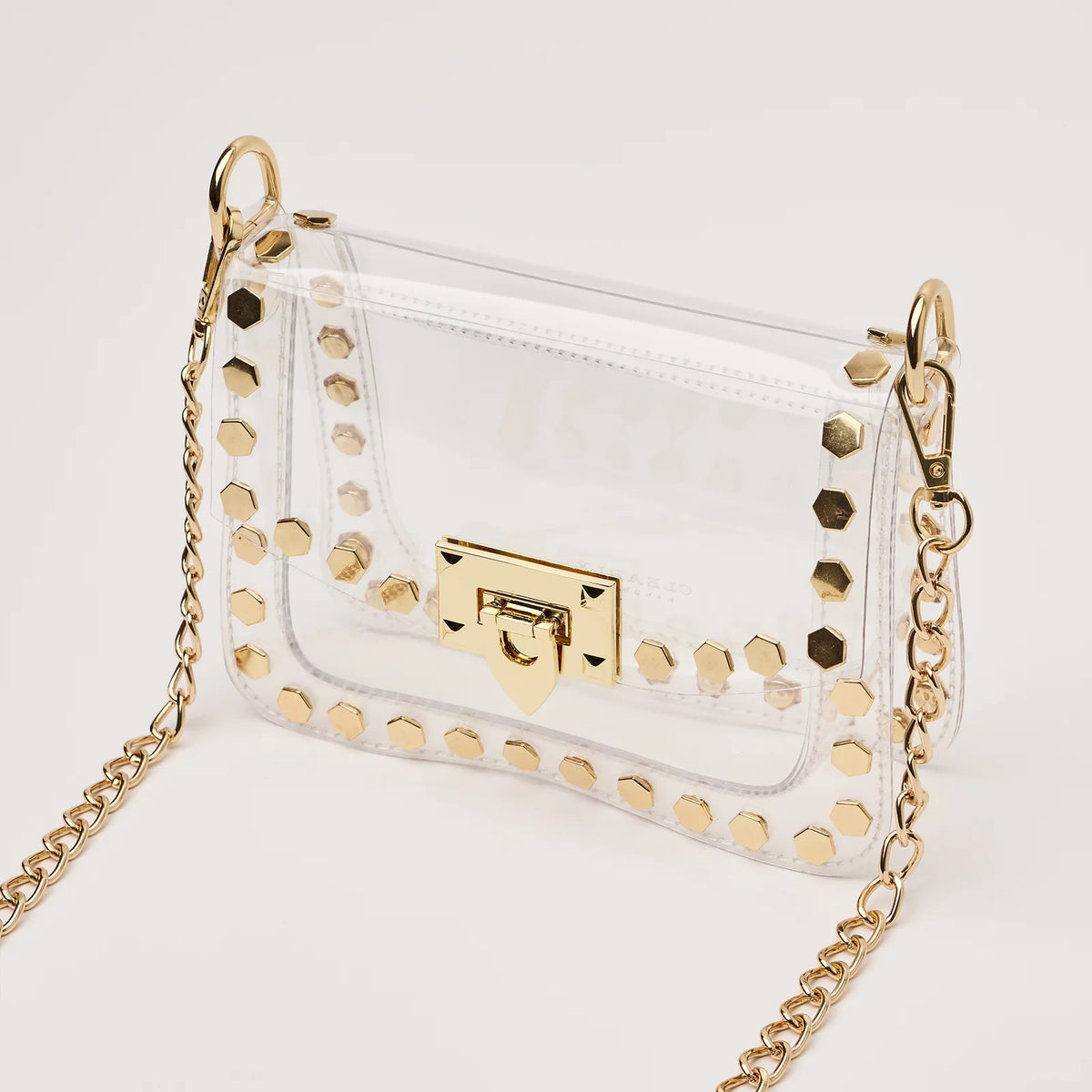Clearly Handbags The Jackie Clear Crossbody Bag Gold Hexagon Stud Stadium Approved Bag