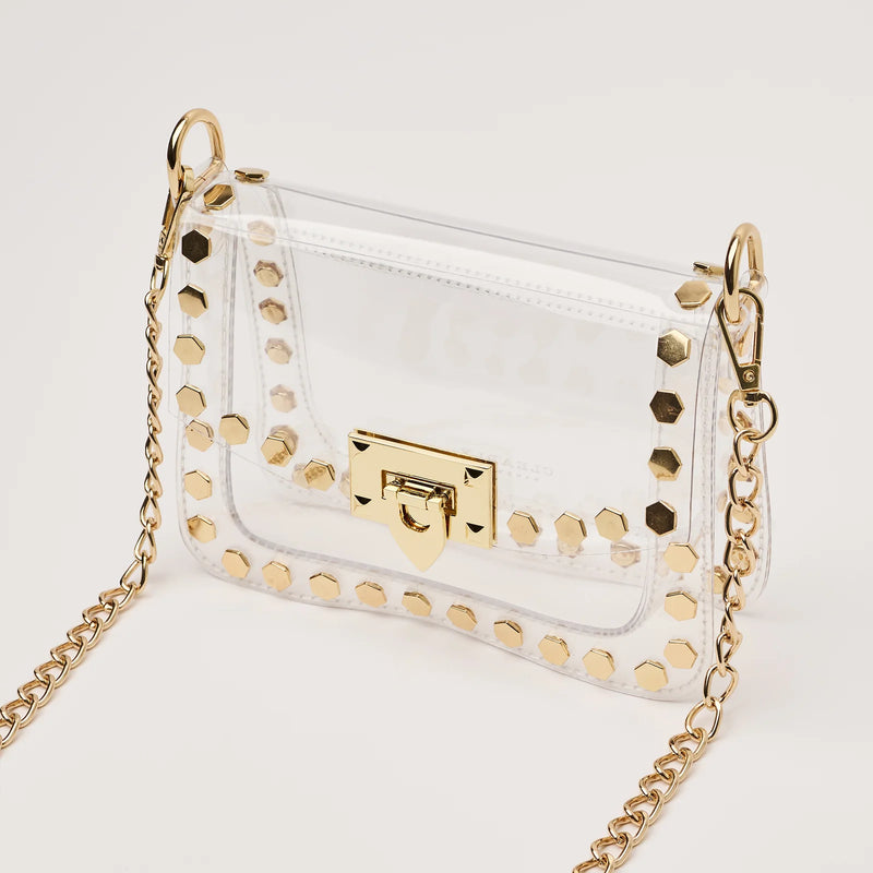 Clearly Handbags The Jackie Clear Crossbody Bag Gold Hexagon Stud Stadium Approved Bag
