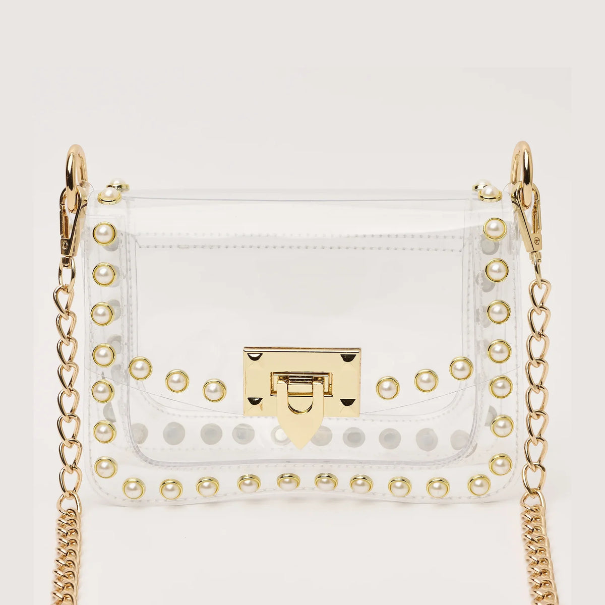 Jackie Clear Pearl & Gold Stud Crossbody Bag Stadium Approved Handbag