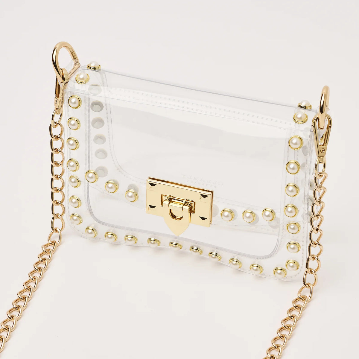 Jackie Clear Pearl & Gold Stud Crossbody Bag Stadium Approved Handbag