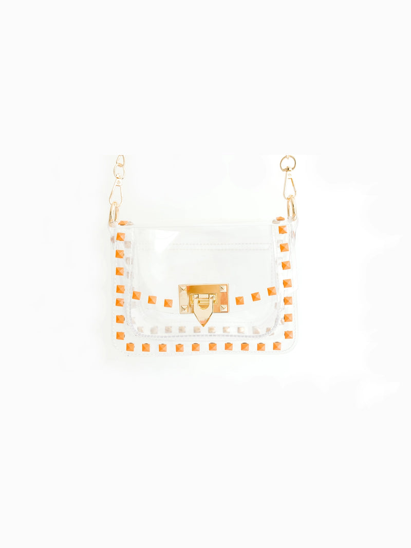 clearly handbags jackie clear stadium approved bag in orange and gold with gold chain