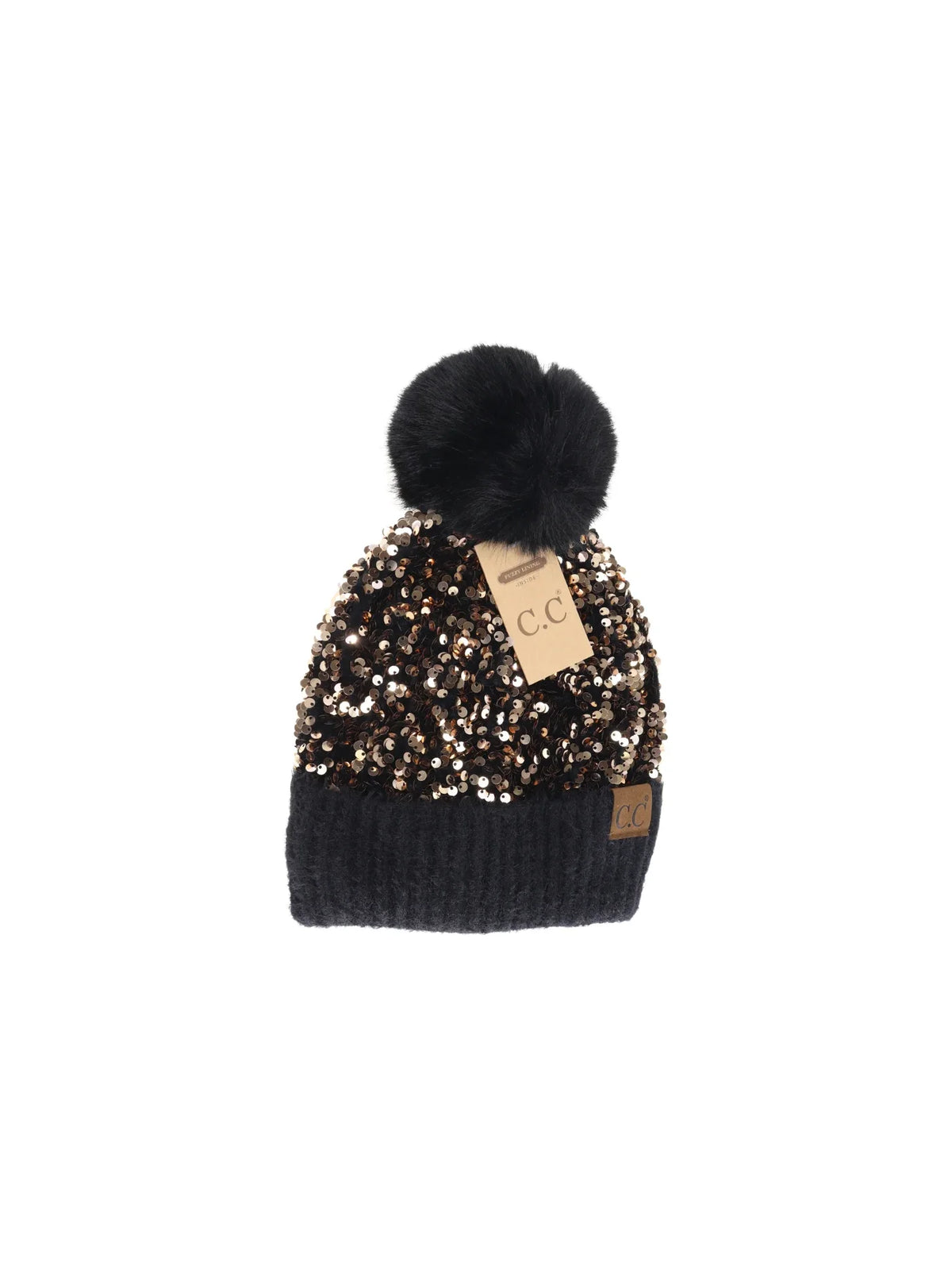 Cluster Sequin Faux Fur Pom Beanie Gold