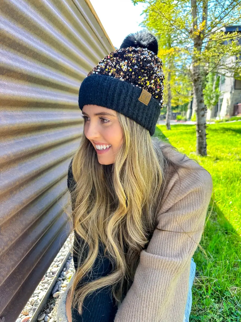 Cluster Sequin Faux Fur Pom Beanie Gold