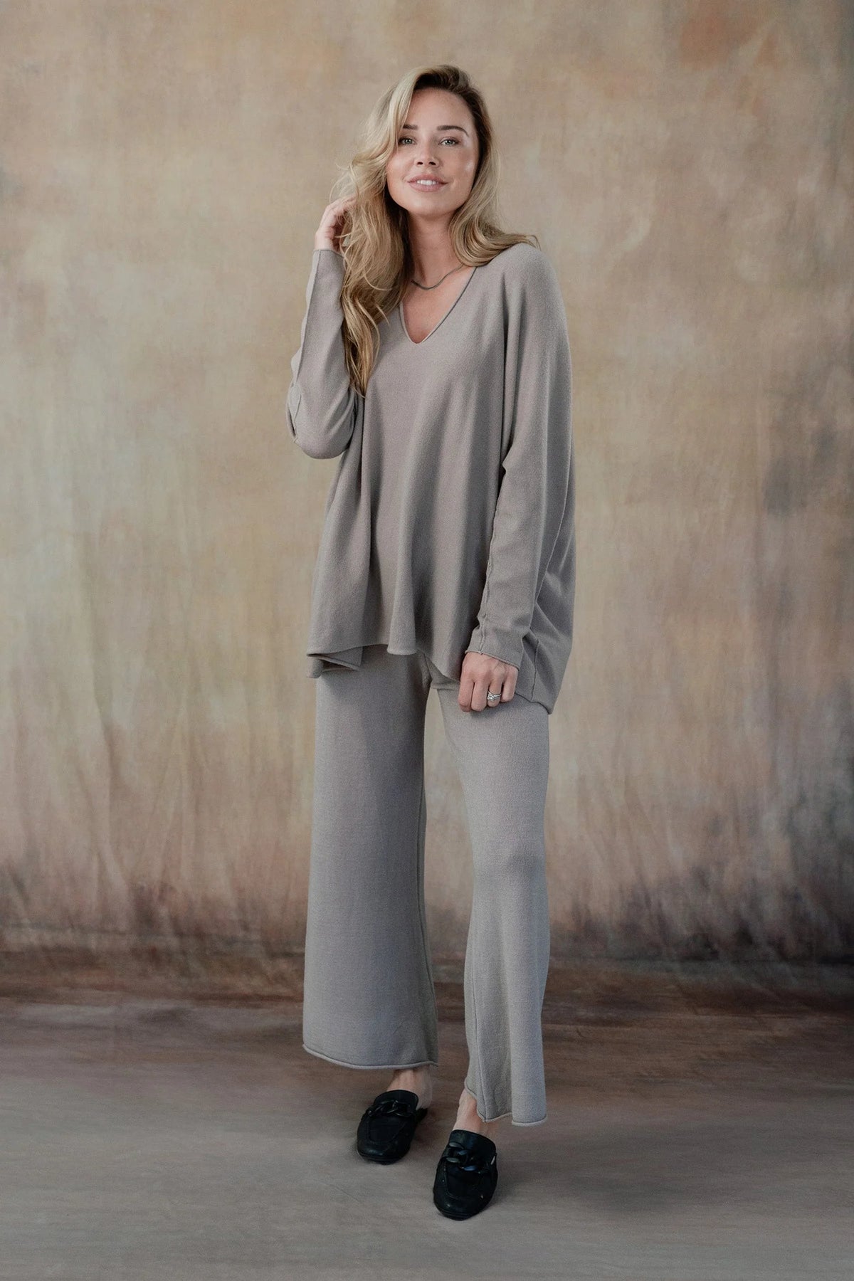 cobblestone cleo sweater pants in taupe-front