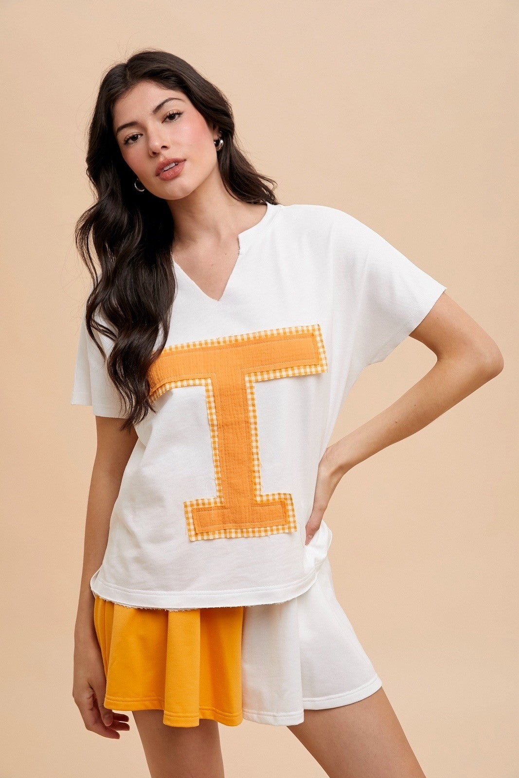 color block french terry flare shorts in tennessee orange and white -front