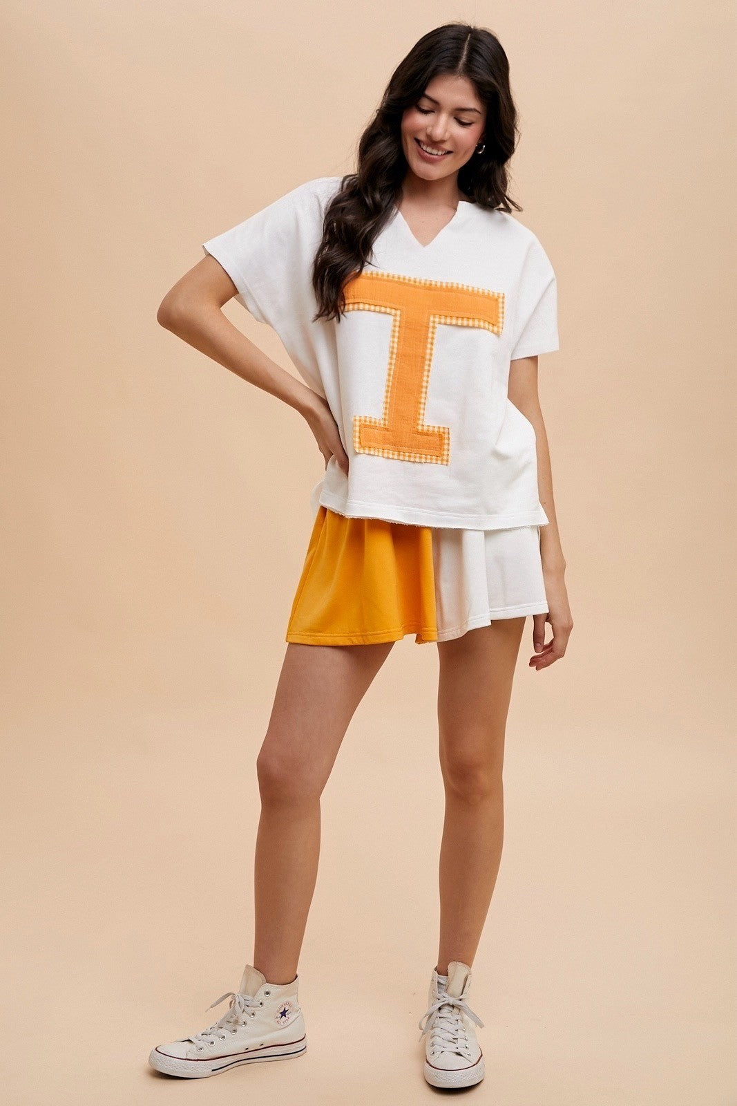 color block french terry flare shorts in tennessee orange and white -front